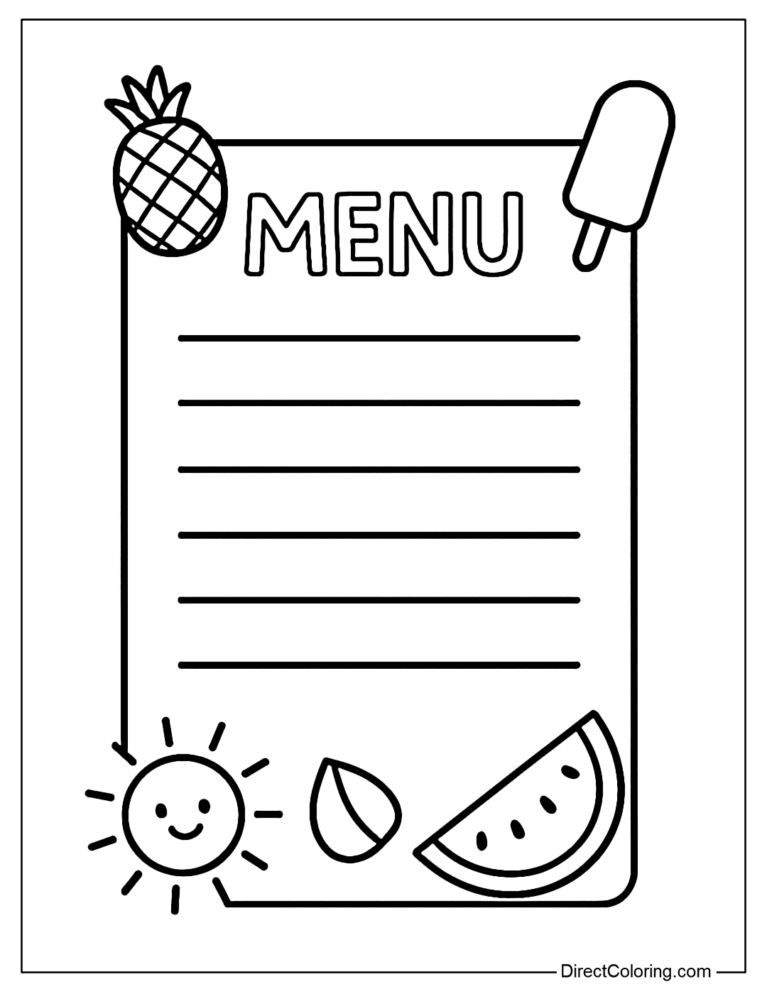 A blank menu coloring page for you to write and decorate the names of your favorite summer treats.